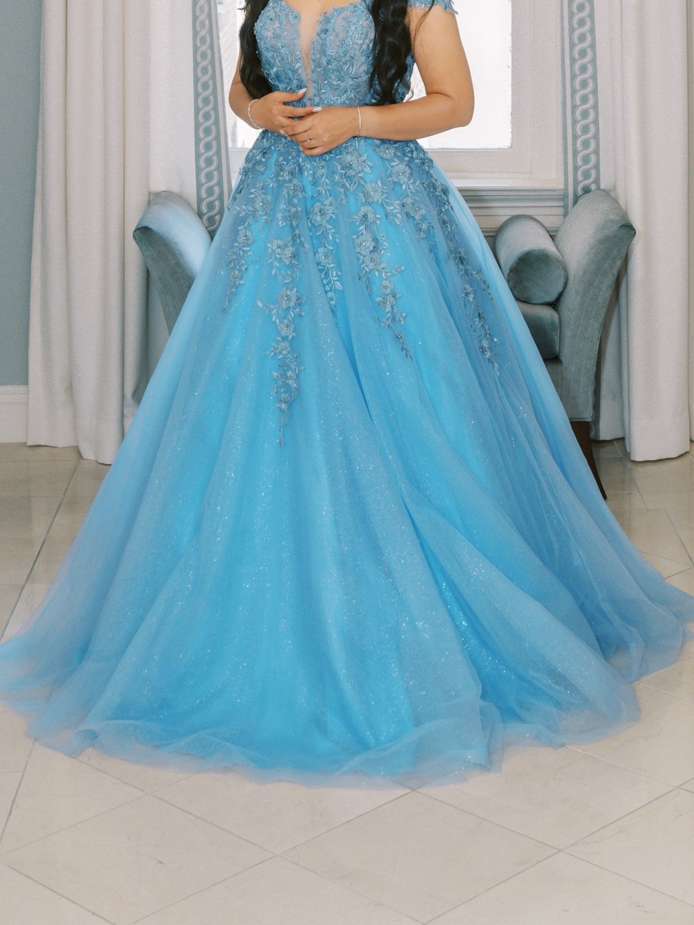Glitz Sky Blue Lace Appliqué Ball Gown